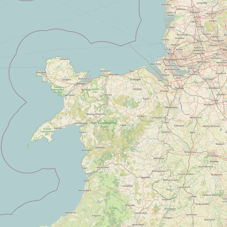 Street map of North Wales, Anglesey and Chester with the area we cover tinted